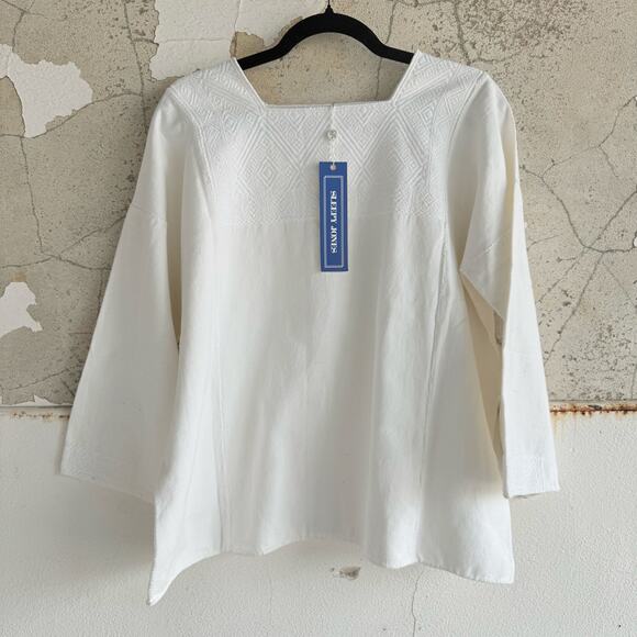 Sleepy Jones Tunic Blouse White Textured Cotton Square Neck Boho Coastal Classic - Picture 6 of 10